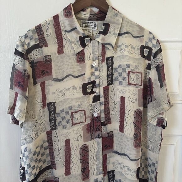 Vintage Abstract Womens 100% Silk Button Shirt Bohemian L Paisley Loop Collar - Picture 2 of 8